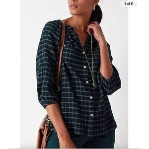 J. Jill Size XL‎ Crinkled Dark Green Plaid Relaxed Fit Button Down Top Blouse